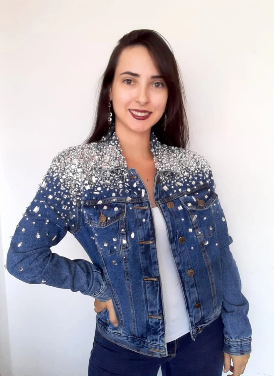 Ladies denim jacket with pearls best sale