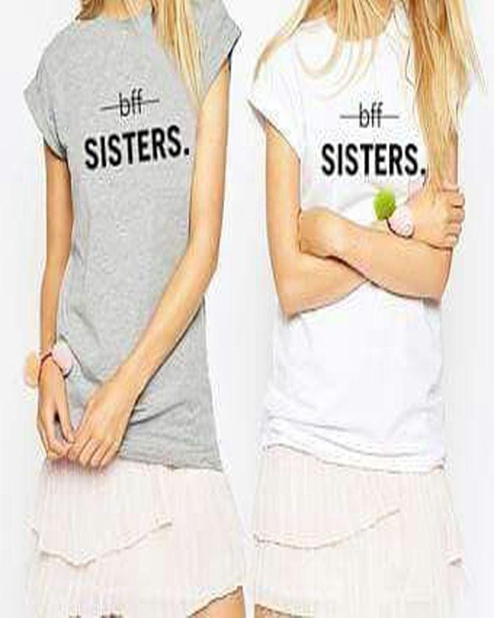 Pack Of 2 - White and Heather Grey Bff Sisters Cotton Printed T-Shirts - Front View - AceCart