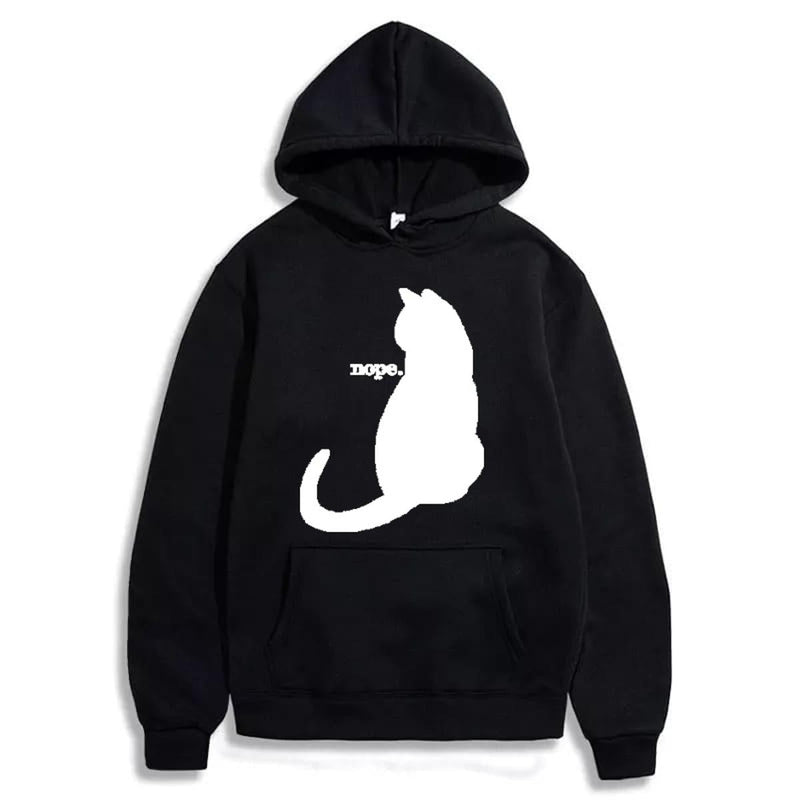 Nope Cat Printed Fleece Full Sleeves Pull Over Hoodie For Women