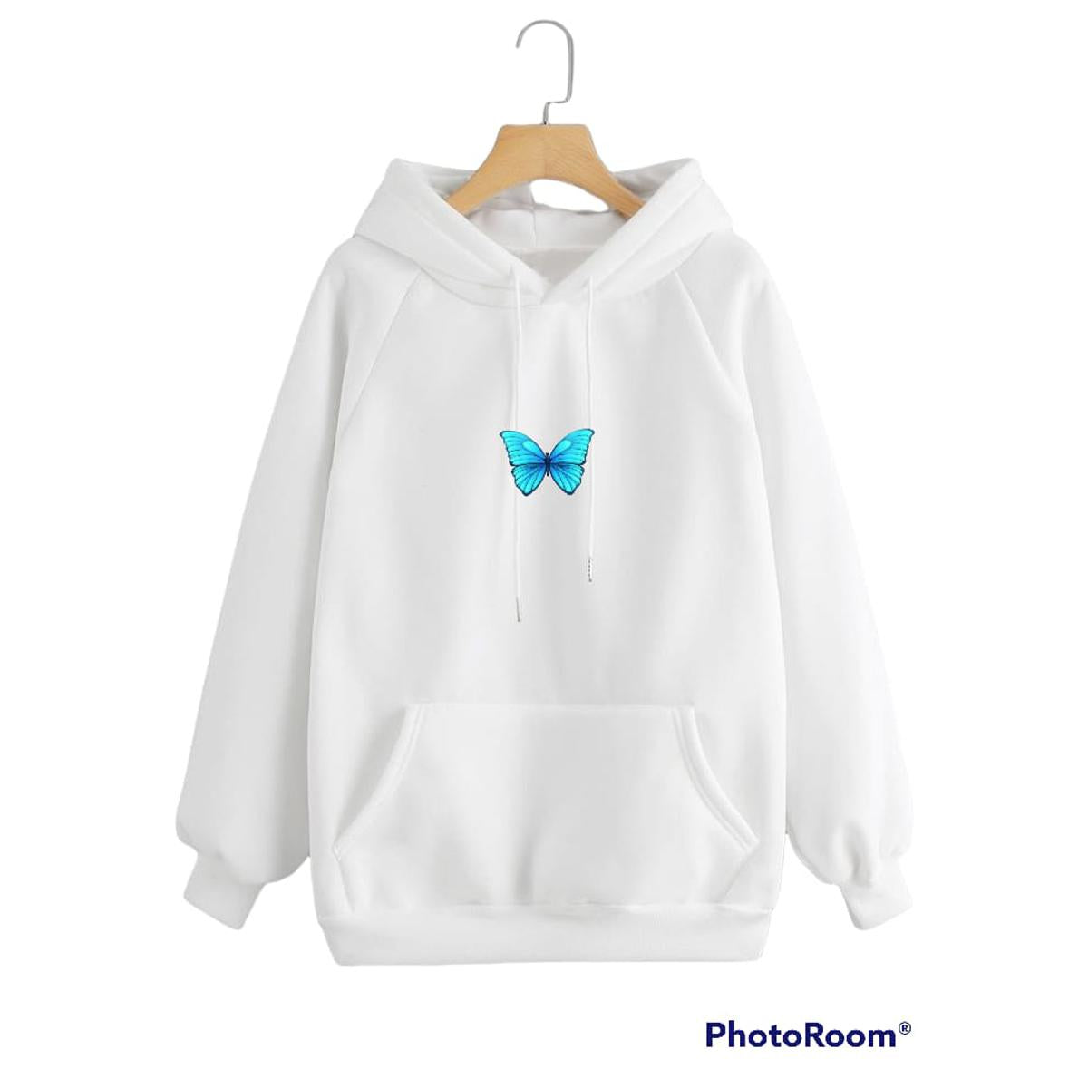 Butterfly White Fleece Full Sleeves Pull Over Hoodie For Women