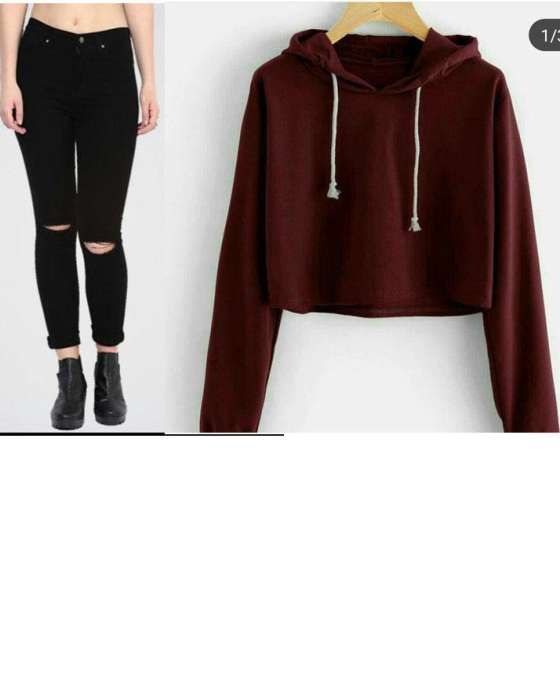 PACK OF 2 MAROON CROPPED HOODIE ND BLACK RIPED JEANS FOR WOMEN - AceCart Warm Hooded Sweatshirt in Maroon