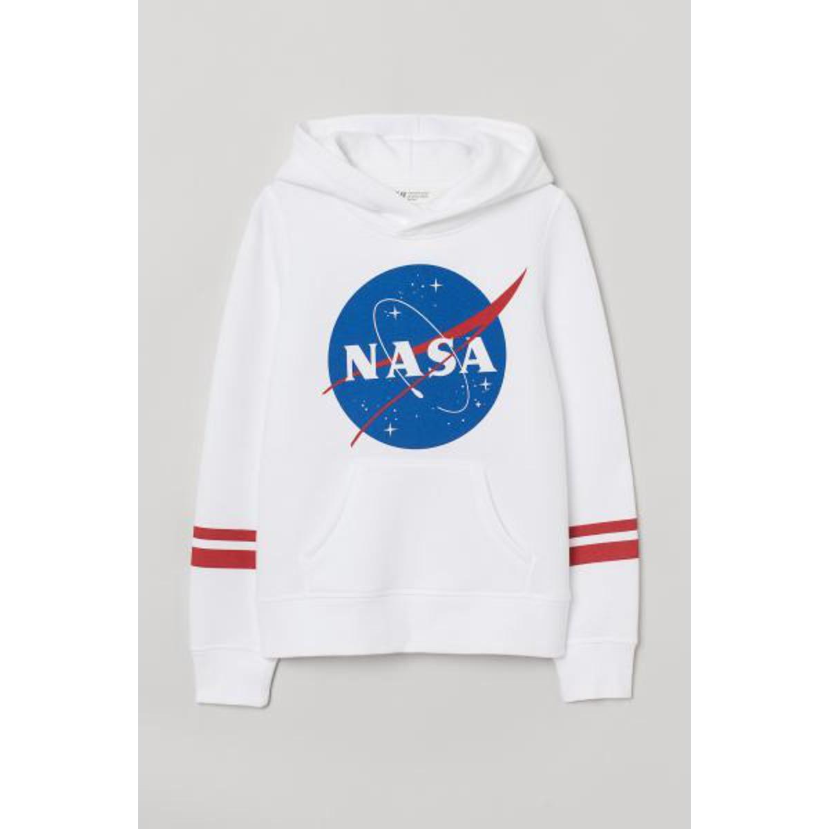 White Nasa Printed Fleece Full Sleeves Pull Over Hoodie For Women and Men