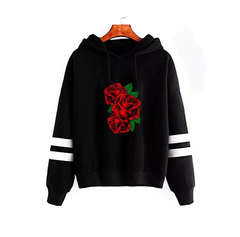 Black Roses Fleece Full Sleeves Pull Over Hoodie For Women