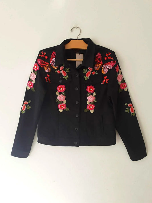 Women Embriodered Black Denim Jacket Front View - Ace Cart