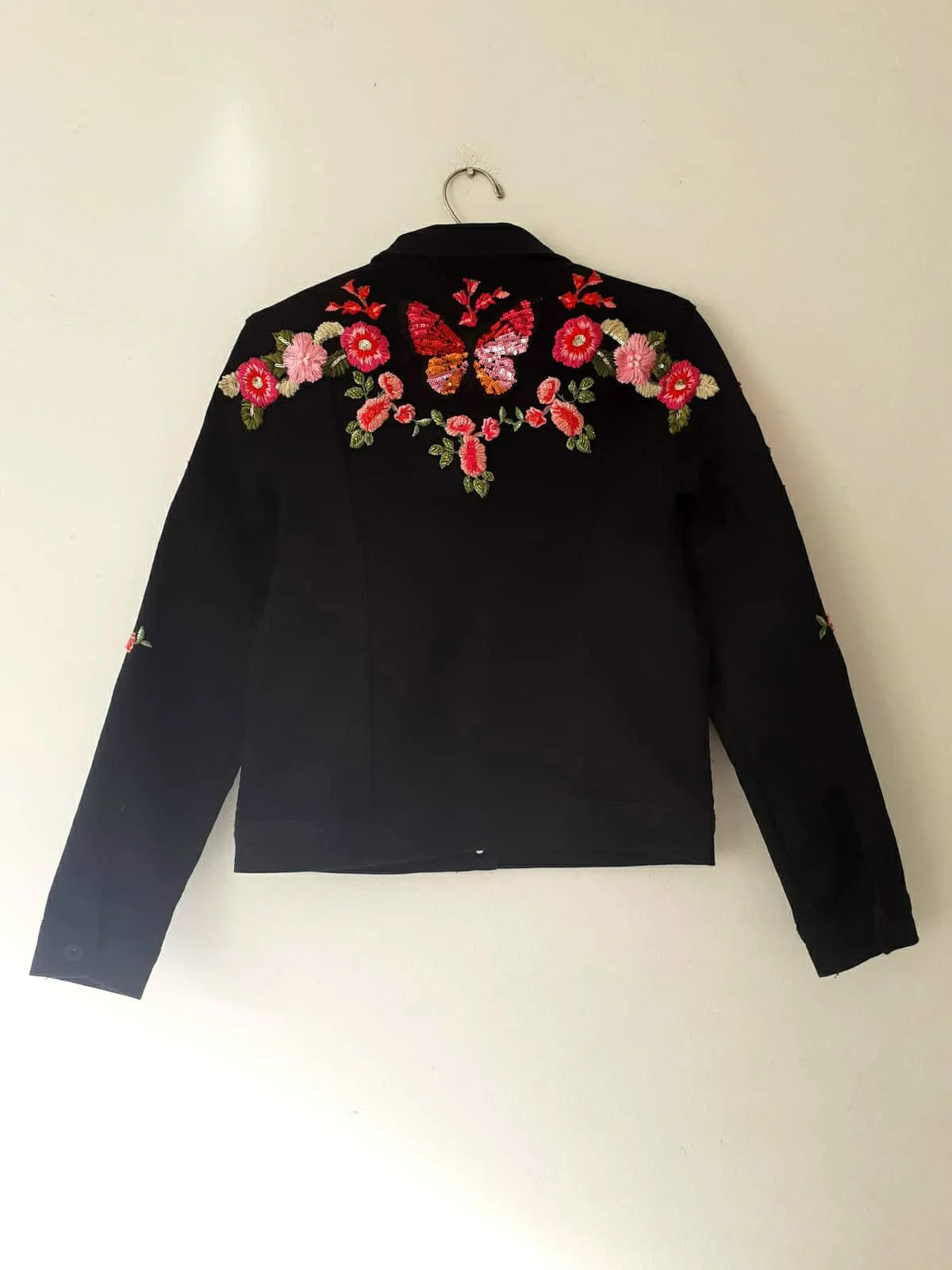 Women Embriodered Black Denim Jacket Back View - Ace Cart