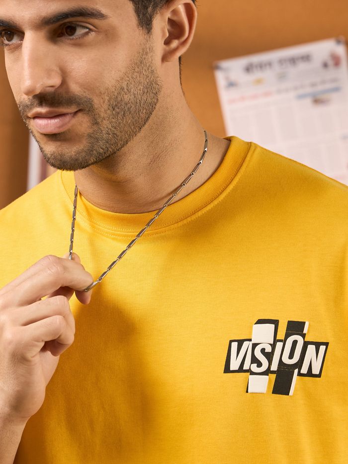 Vision Printed Yellow Oversized T-shirt for Men