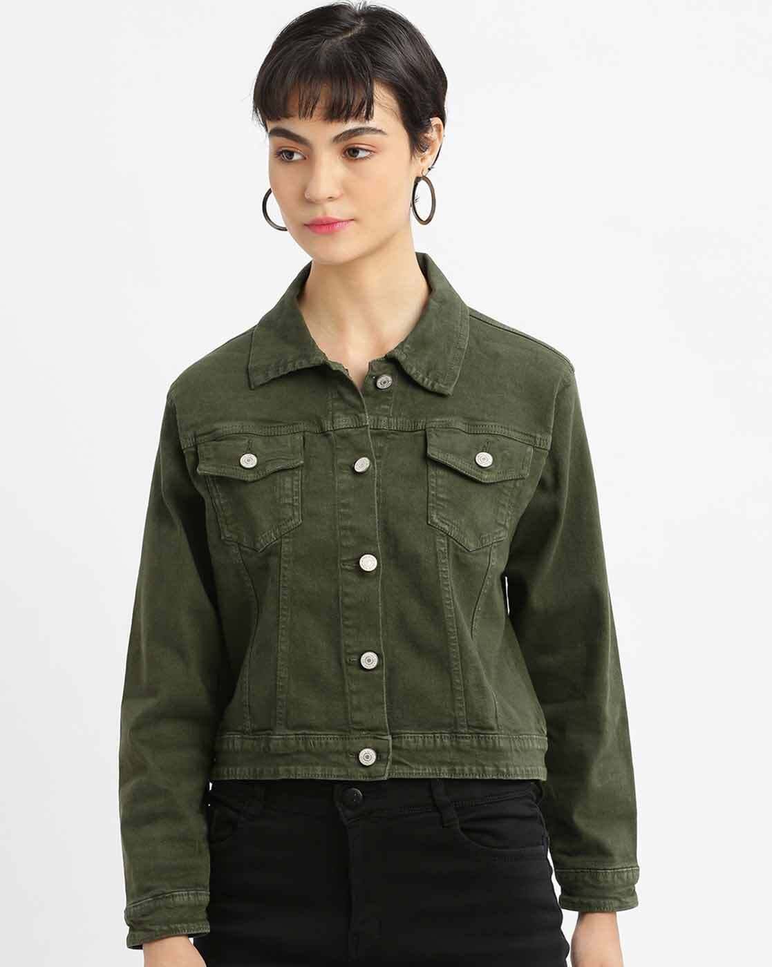 Women Olive Green Denim Jacket Close Up - Ace Cart