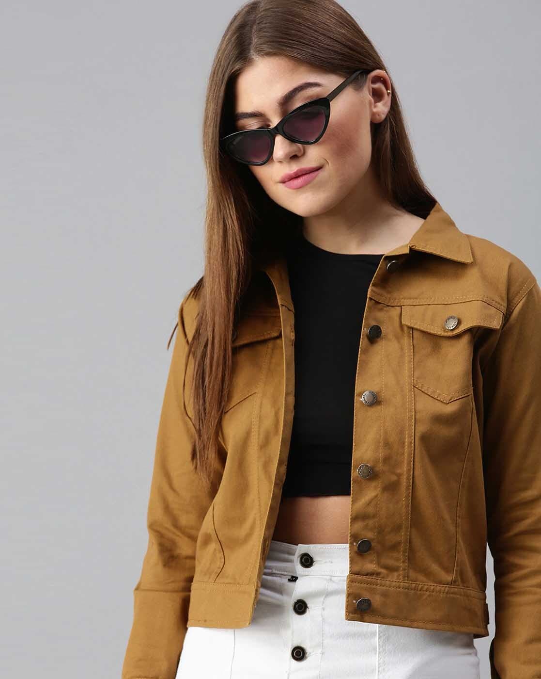 Women Khaki Denim Jacket Front View - Ace Cart