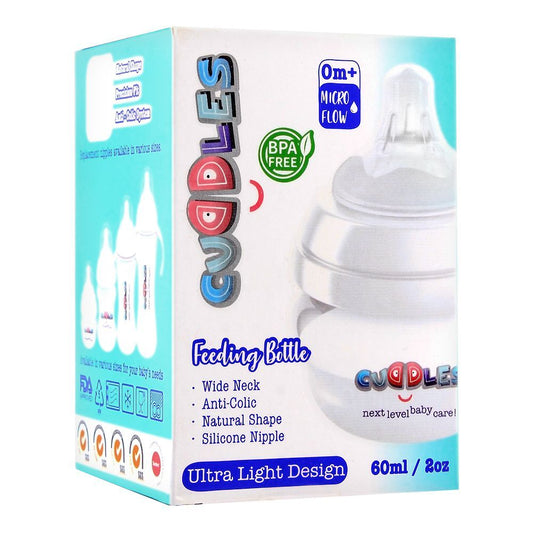 Cuddles Anti-Colic Ultra Light Design Wide Neck Feeding Bottle, 0m+, Micro Flow, 60ml - Front View