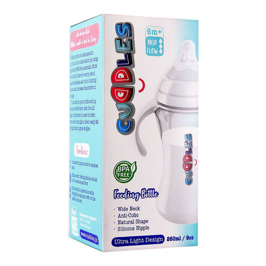 Cuddles Anti-Colic Ultra Light Design Wide Neck Feeding Bottle, 6m+, Medium Flow, 260ml - Front View