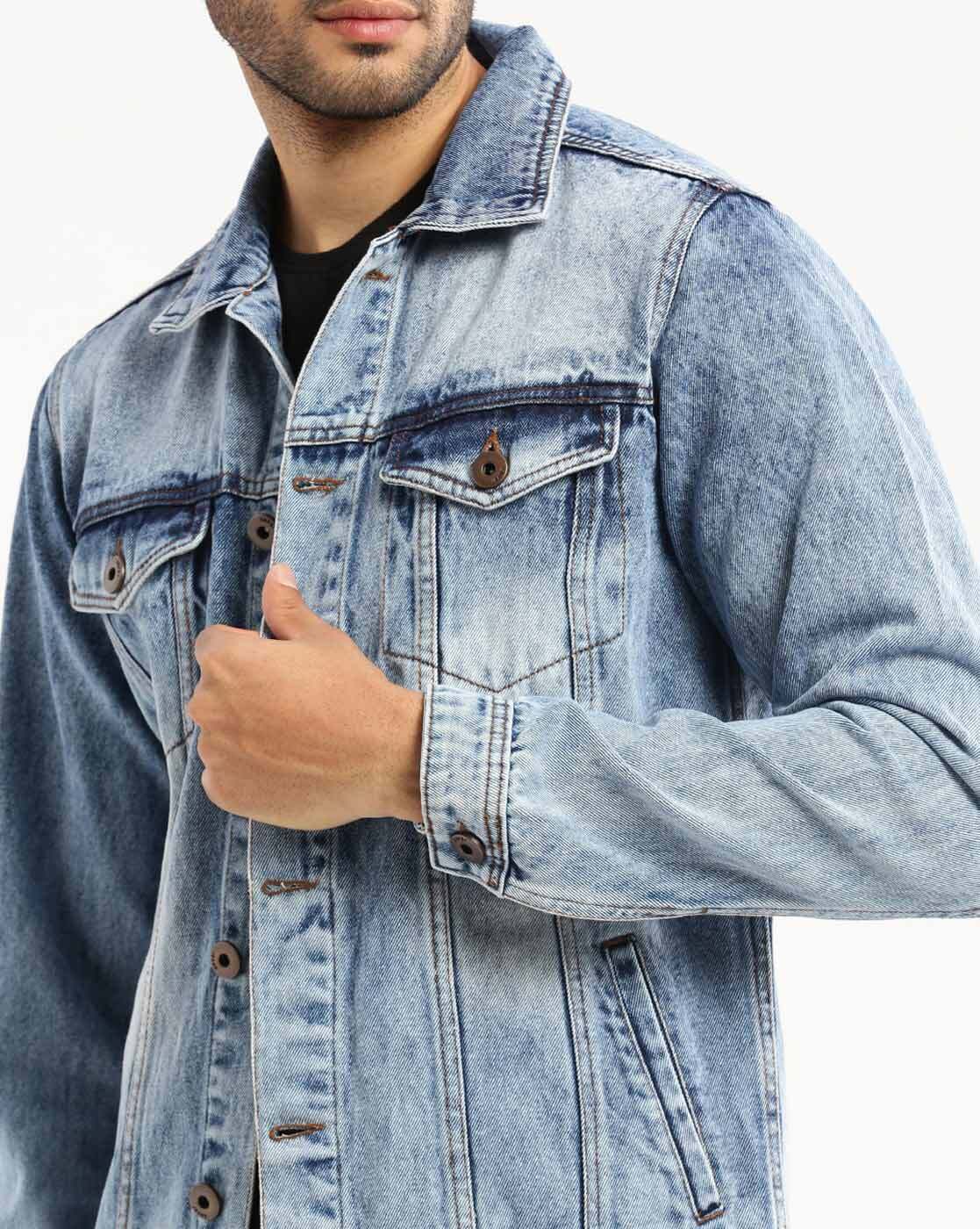 Men's Light Wash Denim Jacket Premium Quality Side Pose - Ace Cart