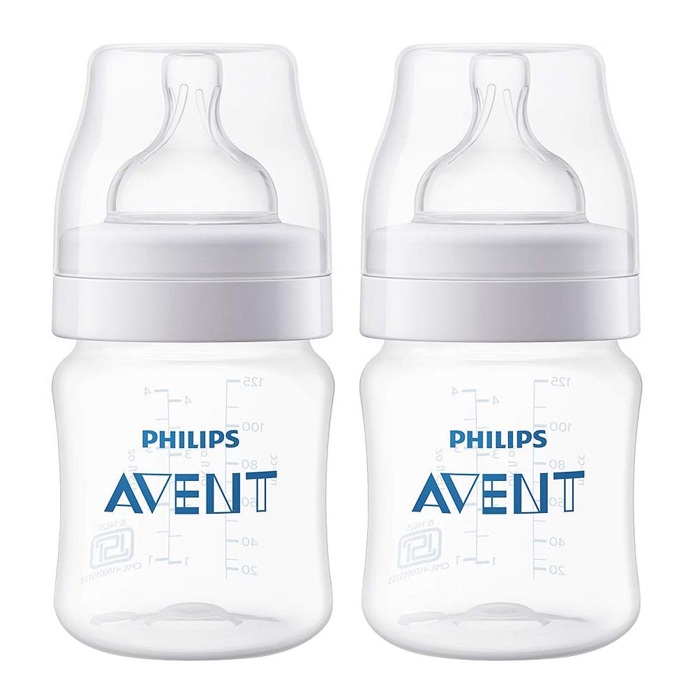 Avent Anti-Colic Wide Neck Feeding Bottle, 0m+, 125ml, 2-Pack, SCF810/27 - Front View