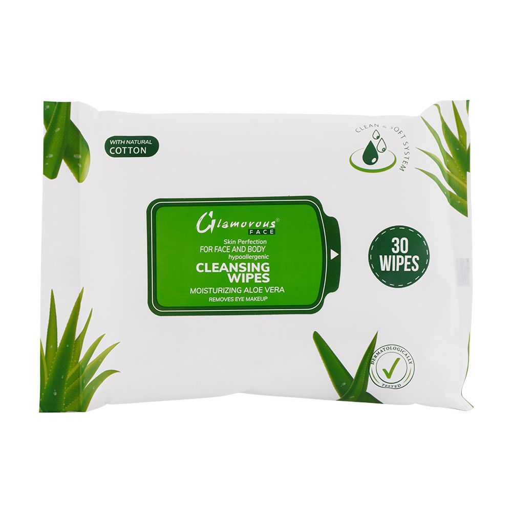 Glamorous Face Aloe Vera Face And Body Cleansing Wipes, GF1042, 30-Pack - Front View