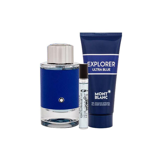 Mont Blanc Explorer Ultra Blue Pour Homme Men Perfume Set, EDP 100ml + EDP 7.5ml + Shower Gel - Front View