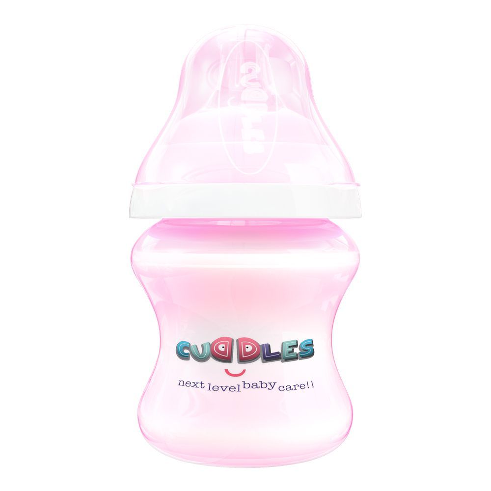 Cuddles Wide Neck Anti-Colic Feeding Bottle, 1m+, Pink, 150ml - Front View