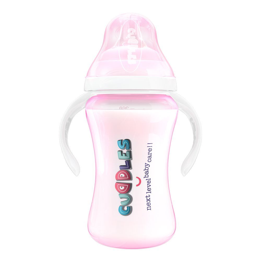 Cuddles Wide Neck Anti-Colic Feeding Bottle, 6m+, Pink, 260ml - Front View