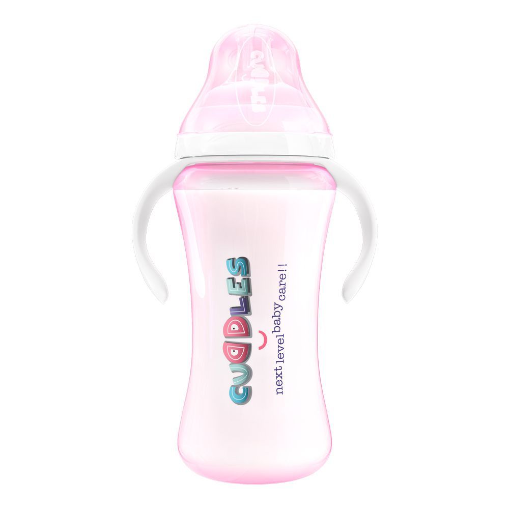 Cuddles Wide Neck Anti-Colic Feeding Bottle, 9m+, Pink, 330ml - Front View