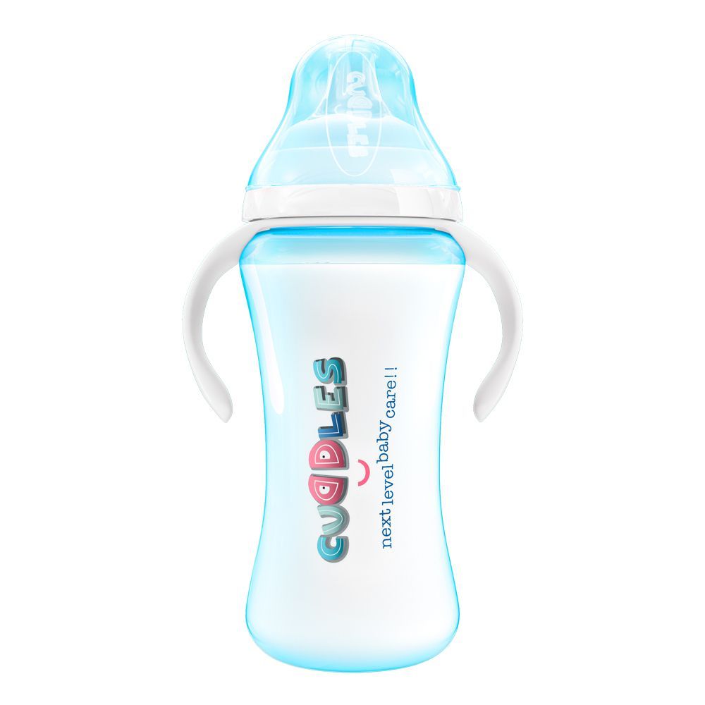 Cuddles Wide Neck Anti-Colic Feeding Bottle, 9m+, Blue, 330ml - Front View