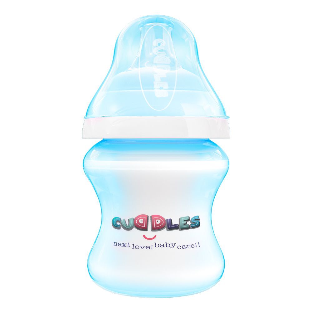 Cuddles Wide Neck Anti-Colic Feeding Bottle, 1m+, Blue, 150ml - Front View