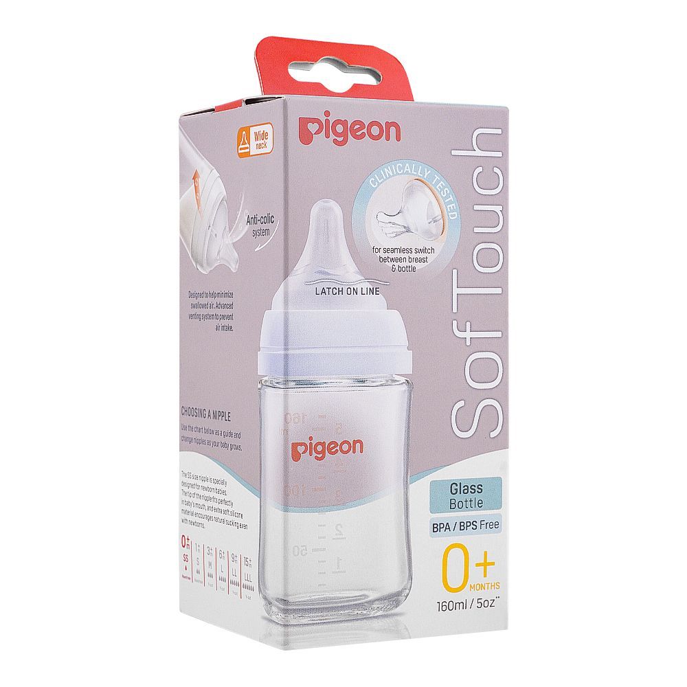 Pigeon Soft Touch WN Glass Feeding Bottle, 160ml, A79436 - Front View