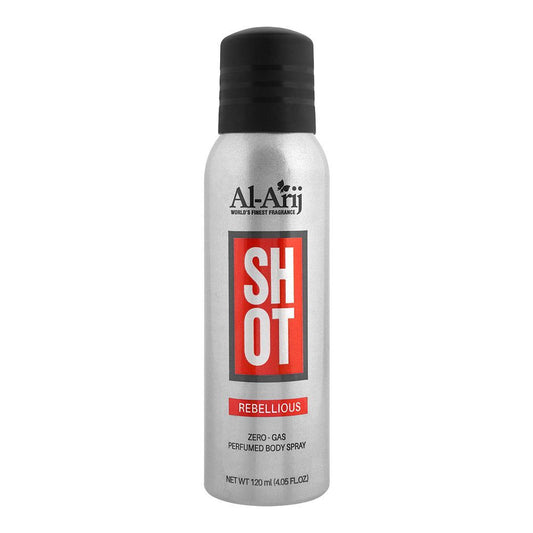 Al-Arij Shot Rebellious Zero-Gas Perfumed Body Spray, 120ml - Front View