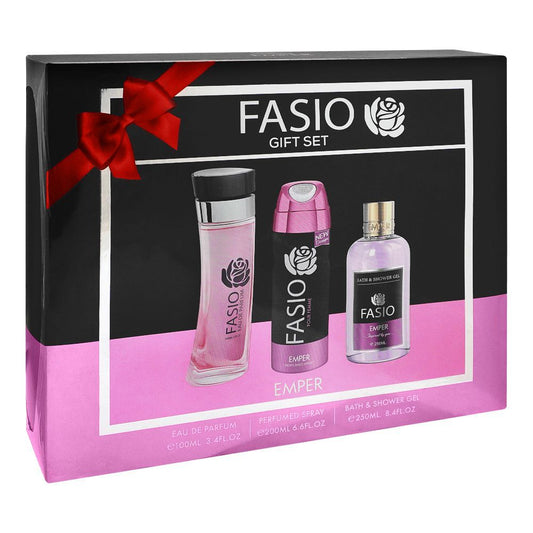 Fasio Pour Femme Emper Set, For Women, Eau De Parfum 100ml + Perfume Spray 200ml + Shower Gel 250ml - Front View