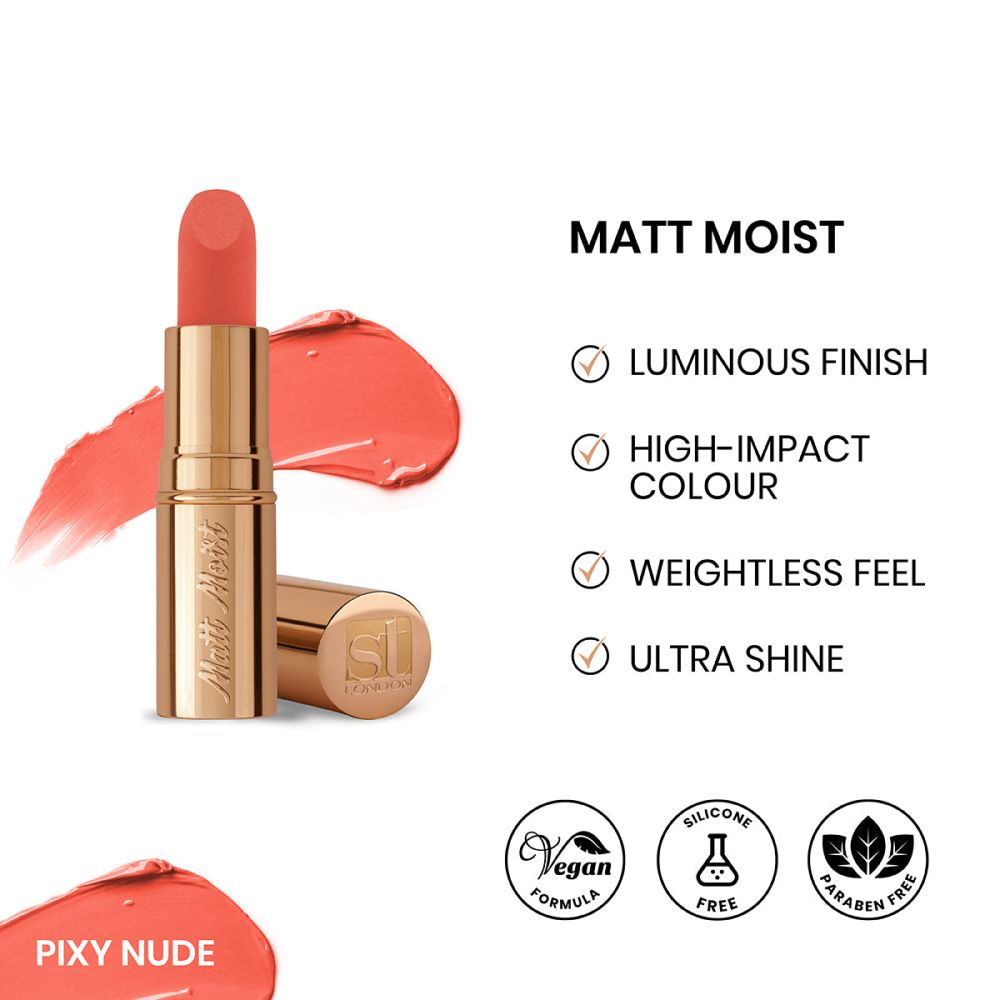 ST London Matte Moist Long Lasting Lipstick, Pixy Nude - Front View