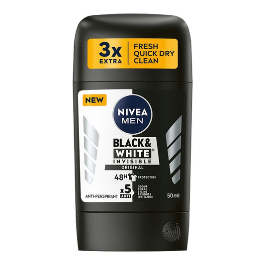 Nivea Men Black & White Invisible Original, 48H Deodorant Stick, 50ml - Front View