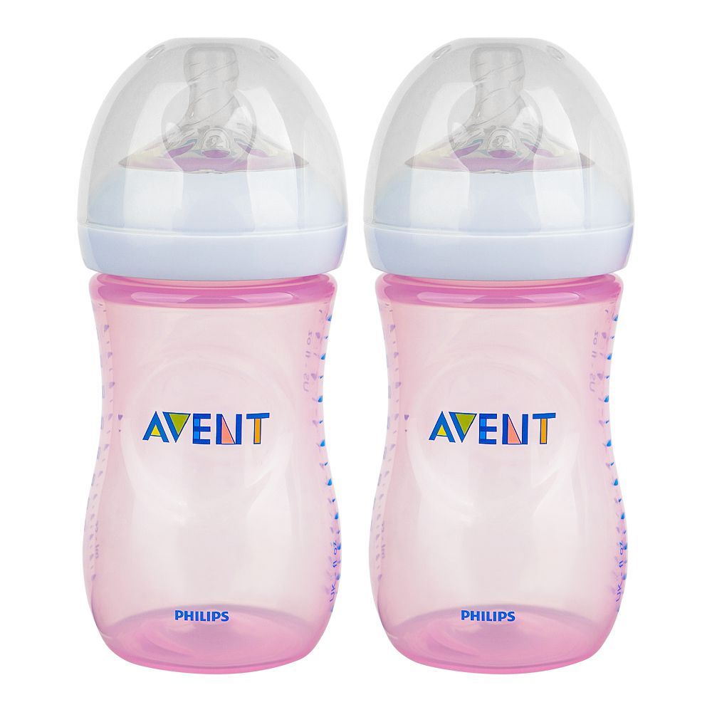 Avent Breast Shaped Feeding Bottle, For 1+ Months, Pink, 260ml, 2-Pack, SCF034/27 - Front View