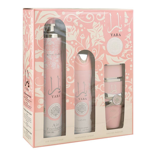 Lattafa Yara Gift Set: Eau de Parfum 100ml+Body Spray 200ml+Air Freshener 300ml, For Women, 3-Pack - Front View