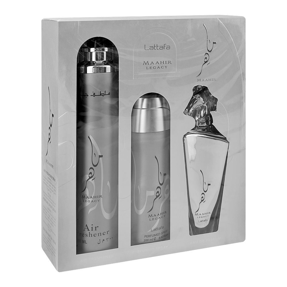 Lattafa Maahir Legacy Gift Set: Eau de Parfum 100ml+Body Spray 200ml+Air Freshener 300ml, For Men, 3-Pack - Front View