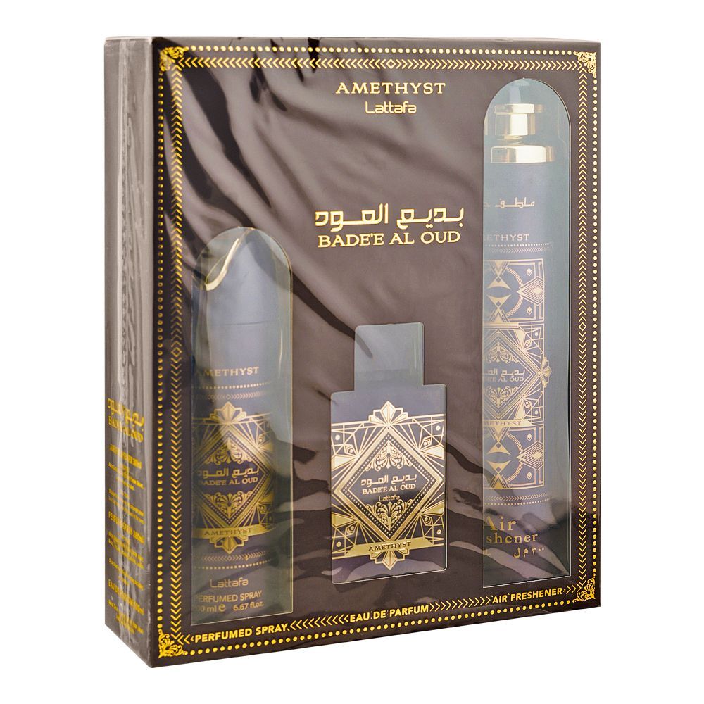 Lattafa Amethyst Badee Al Oud Gift Set: Eau de Parfum 100ml+Body Spray 200ml+Air Freshener 300ml, 3-Pack - Front View