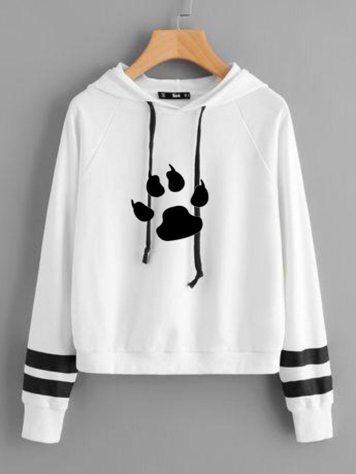 White Cat Print Fleece Full Sleeves Pull Over Hoodie For Women