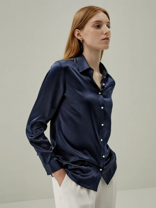 Women Classic Pearl Button Silk Shirt