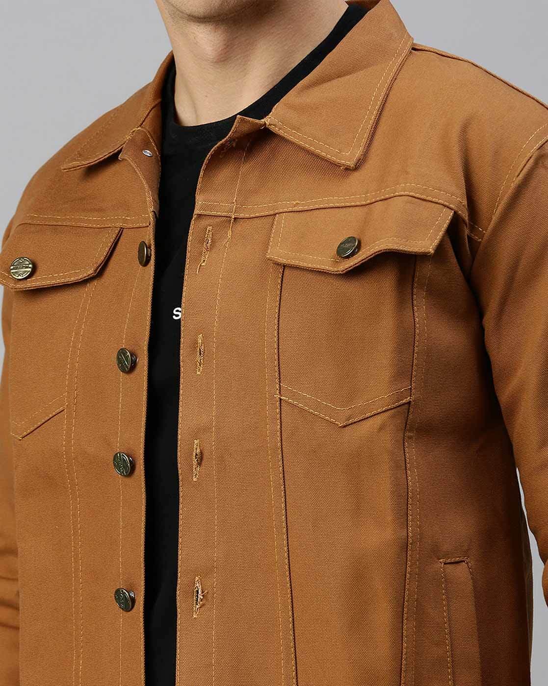 Men's Khaki Denim Jacket Premium Quality Close up - Ace Cart