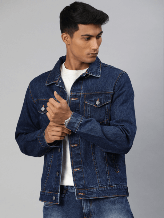 Mens Denim Jacket Dark Blue - Front View - AceCart