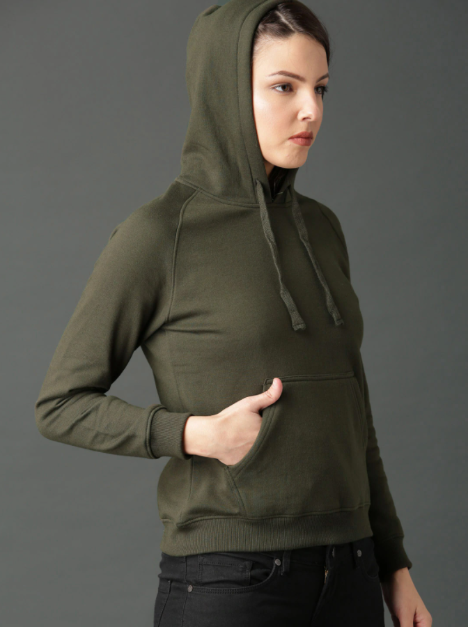 Ace Women Olive Green Solid Hoodie New Edition