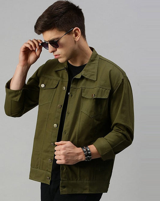 Men's Olive Green Denim Jacket Premium Quality - Ace Cart