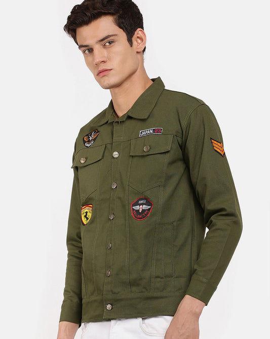 Men's Olive Green Badges Denim Jacket Premium Quality - Ace Cart