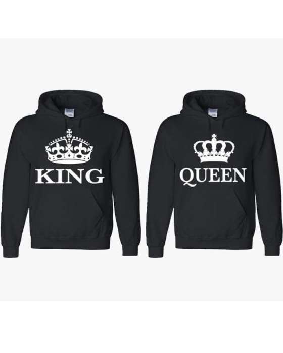 Pack Of 2 Black King Queen Print Hoodie - AceCart Warm Hooded Sweatshirt in Black