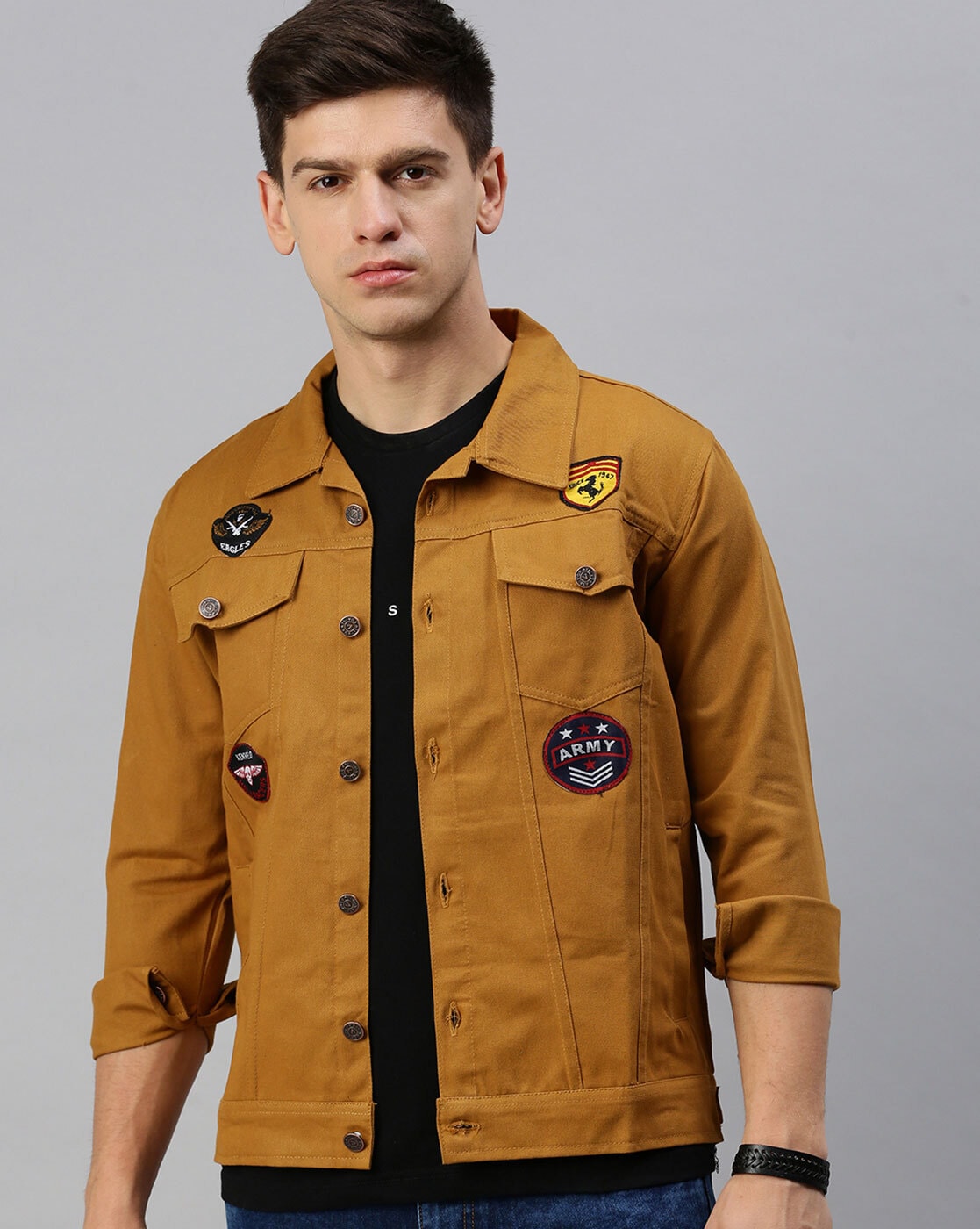 Men's Khaki Badges Denim Jacket Premium Quality Front View - Ace Cart