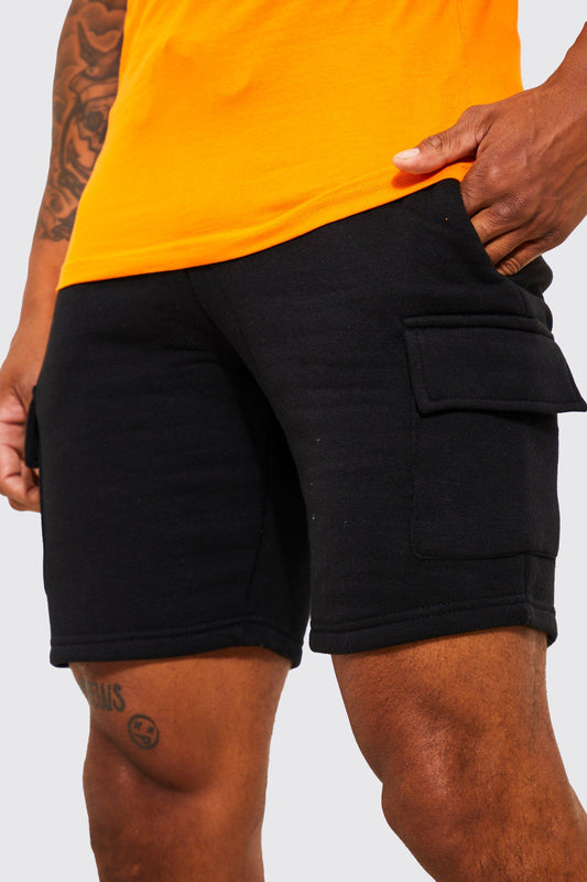 SLIM MID CARGO BLACK JERSEY SHORT