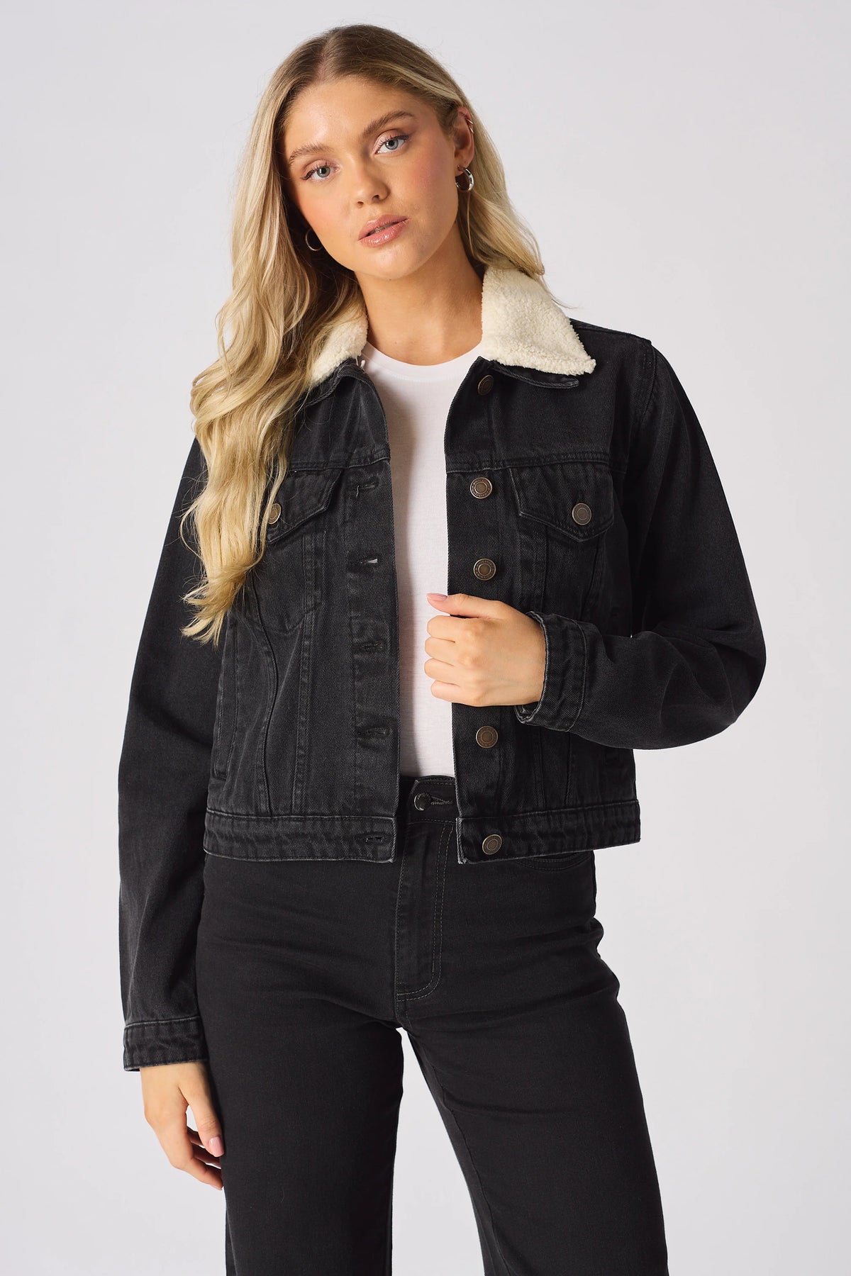 Buy Women s Sherpa Collar Denim Jacket Black Online in Pakistan Ace Cart