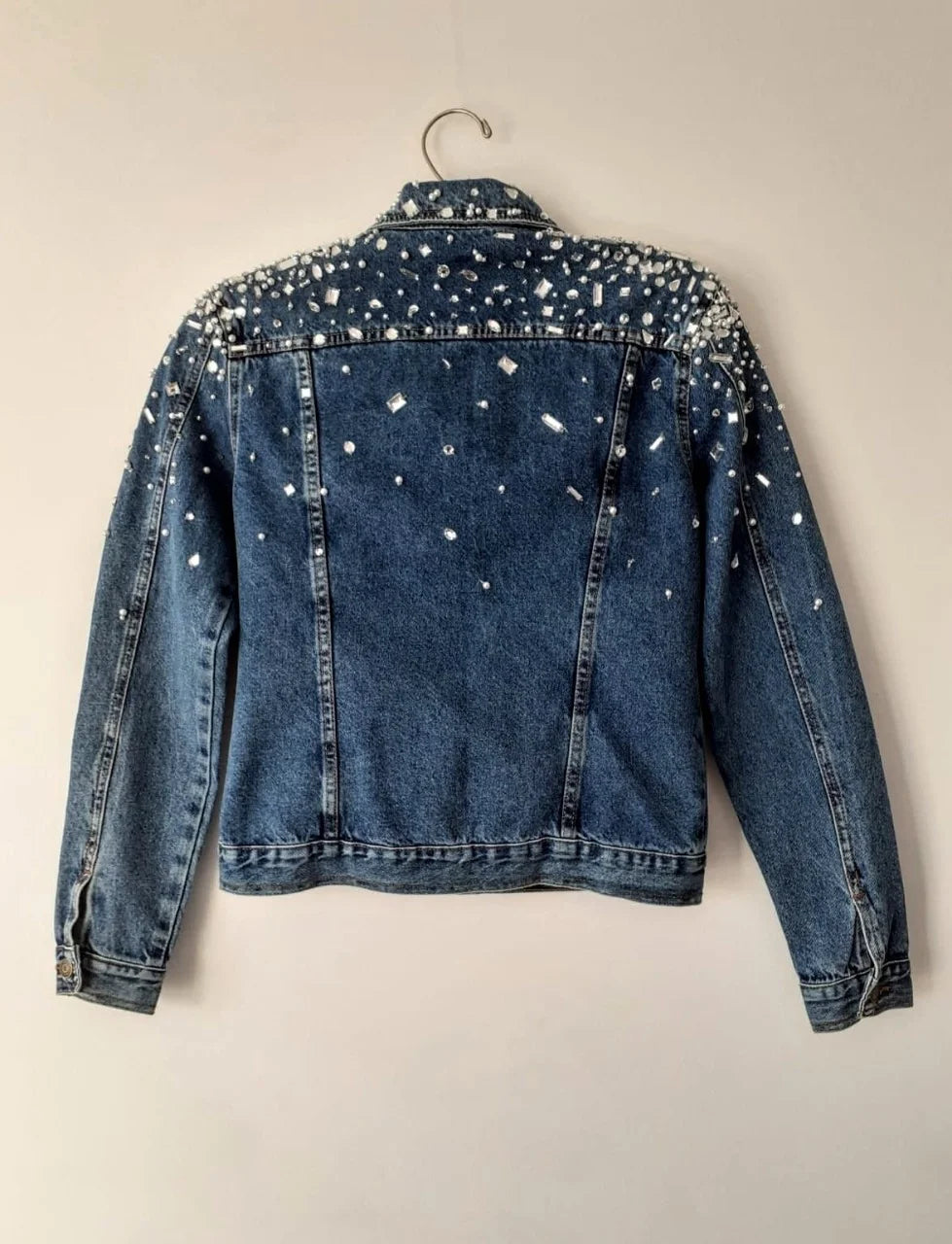 Women Crystals Light Blue Denim Jacket Back View