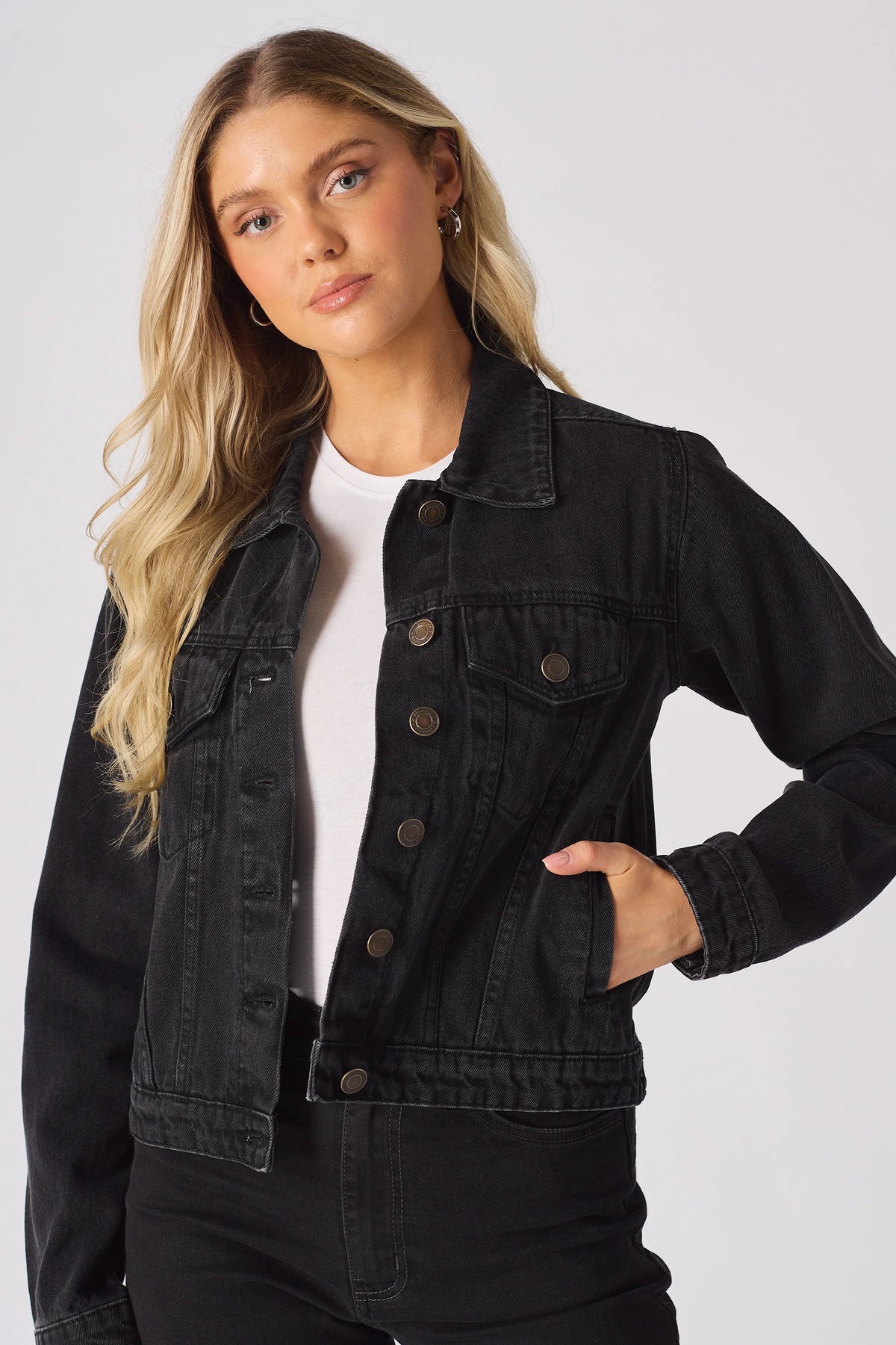 Women Sherpa Fur Collar Black Denim Jacket Front View