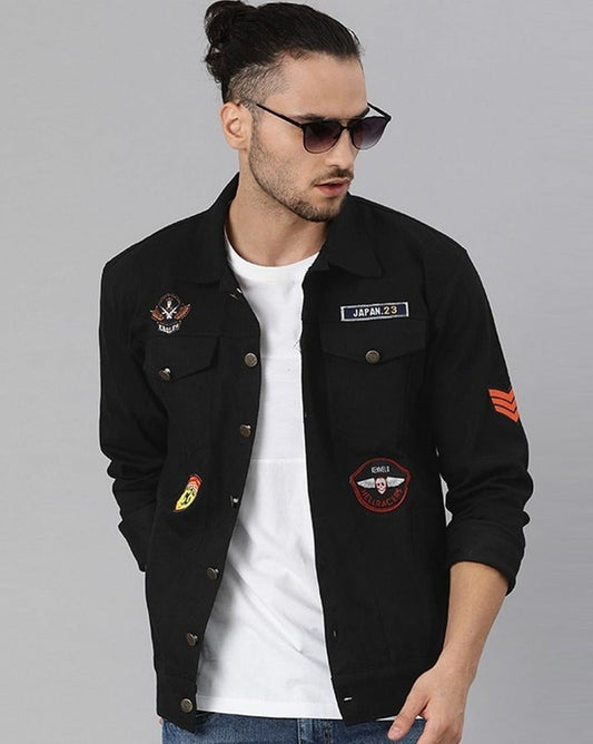 Men Black Denim Jacket Premium Quality With Badges