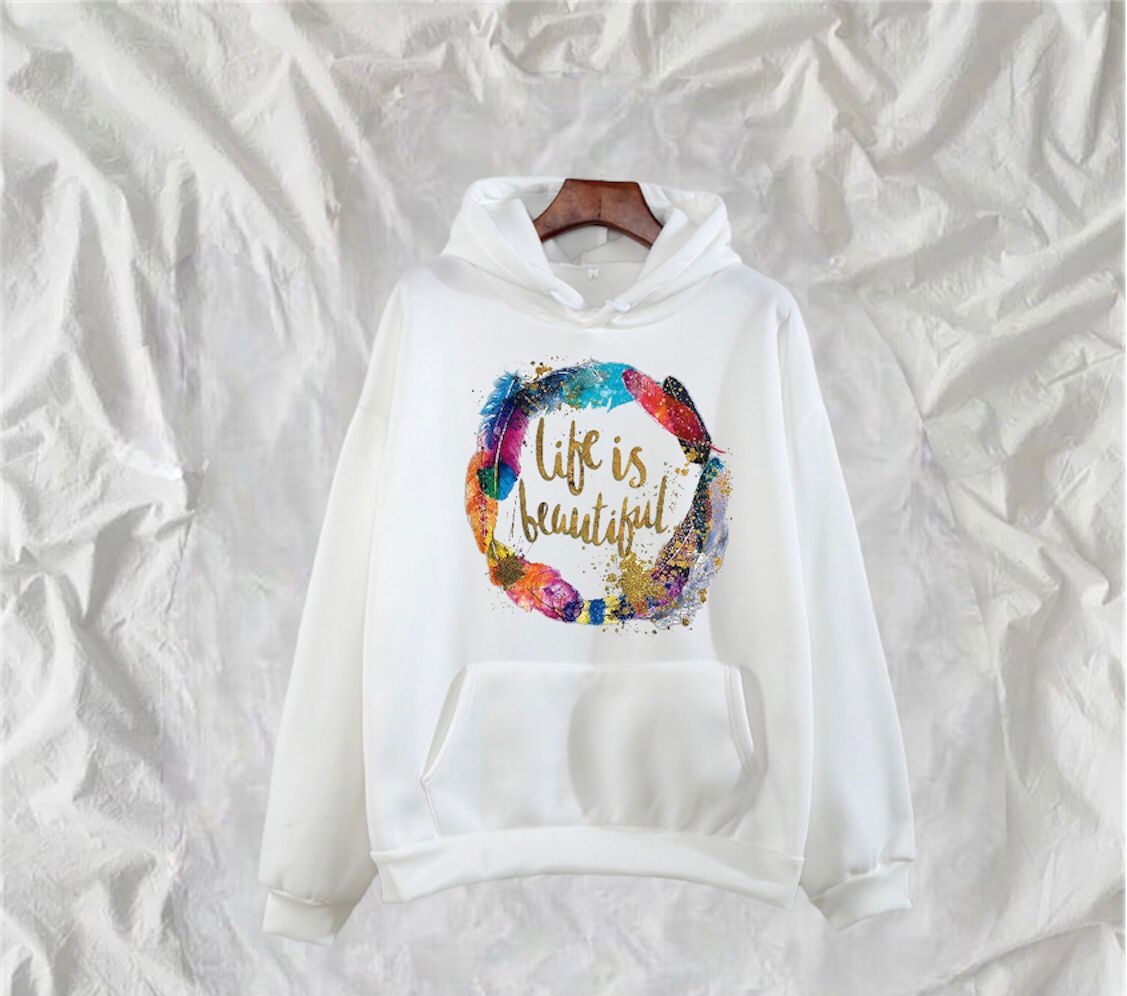 Life Is Beautiful Printed Fleece Full Sleeves Pull Over Hoodie For Women