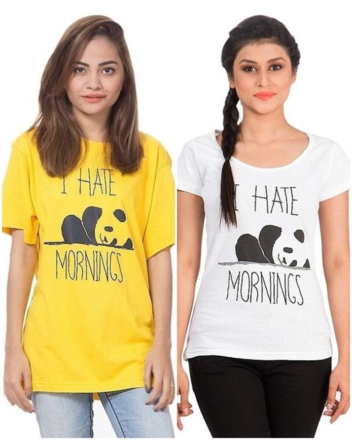 Pack of 2 - Yellow and White Printed T-Shirt For Her - Front View - AceCart