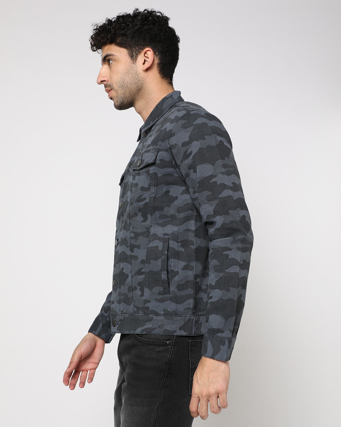 Men's Black Camouflage Denim Jacket Premium Quality Side View - Ace Cart