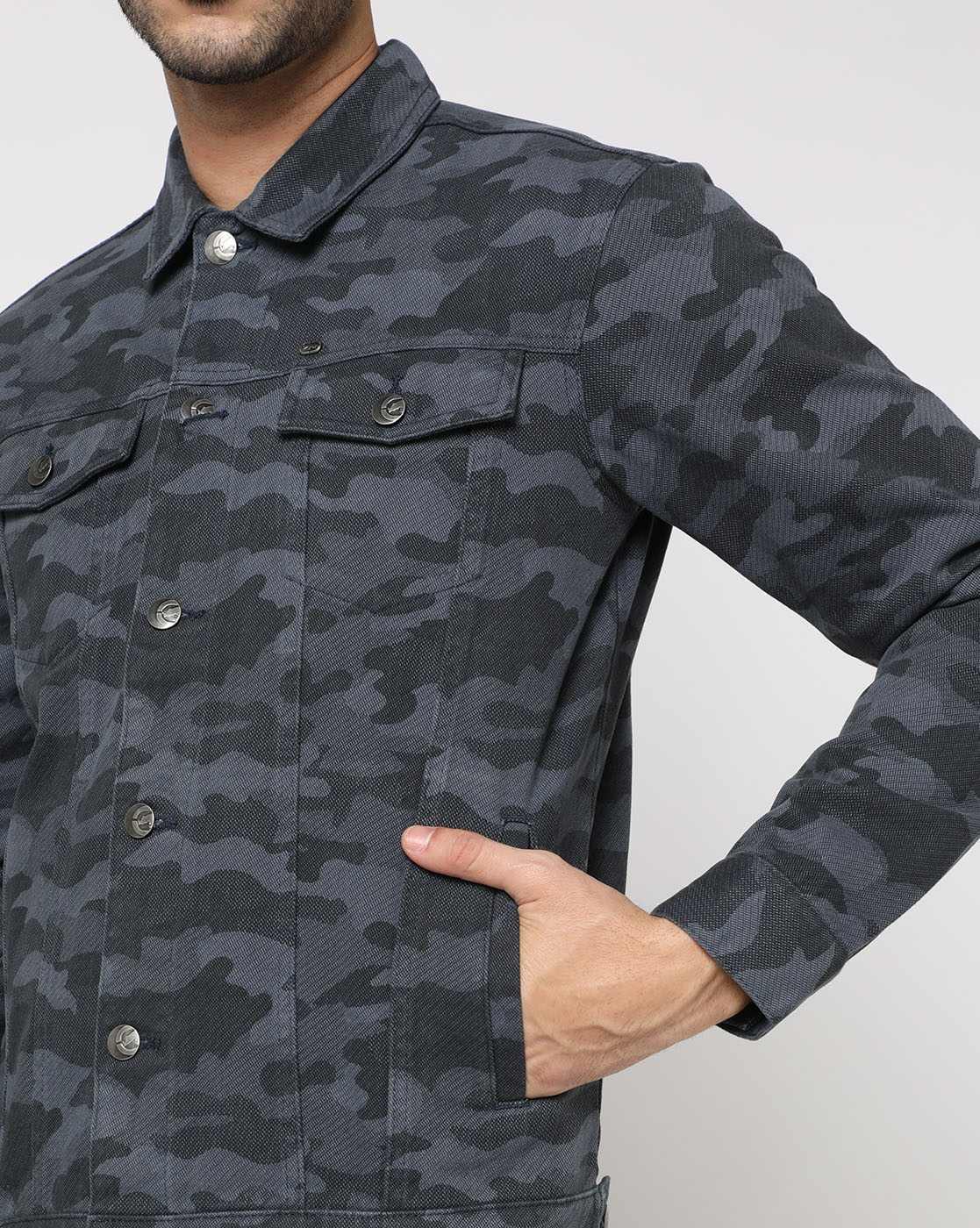 Men's Black Camouflage Denim Jacket Premium Quality Close up - Ace Cart